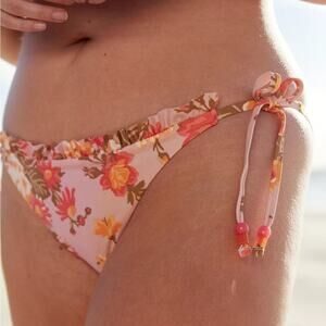 Aerie Printed Ruffle Tie Cheekier Bikini Bottom in Country Pink‎ Size S NWT